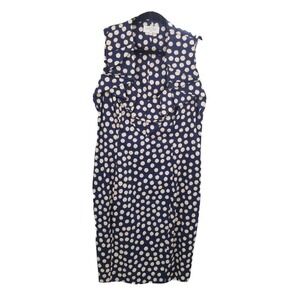 Kasper sleeveless polka dot sheath dress womens size 16 blue tan ruffle neckline